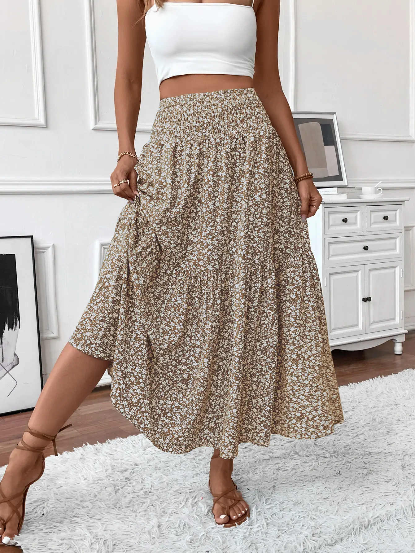 Women's Floral Tiered Maxi Skirt, Loose Fit A-Line with a Ruffle Long Hem for Spring Summer Vacation Style, Floral Long Hem, Bottom