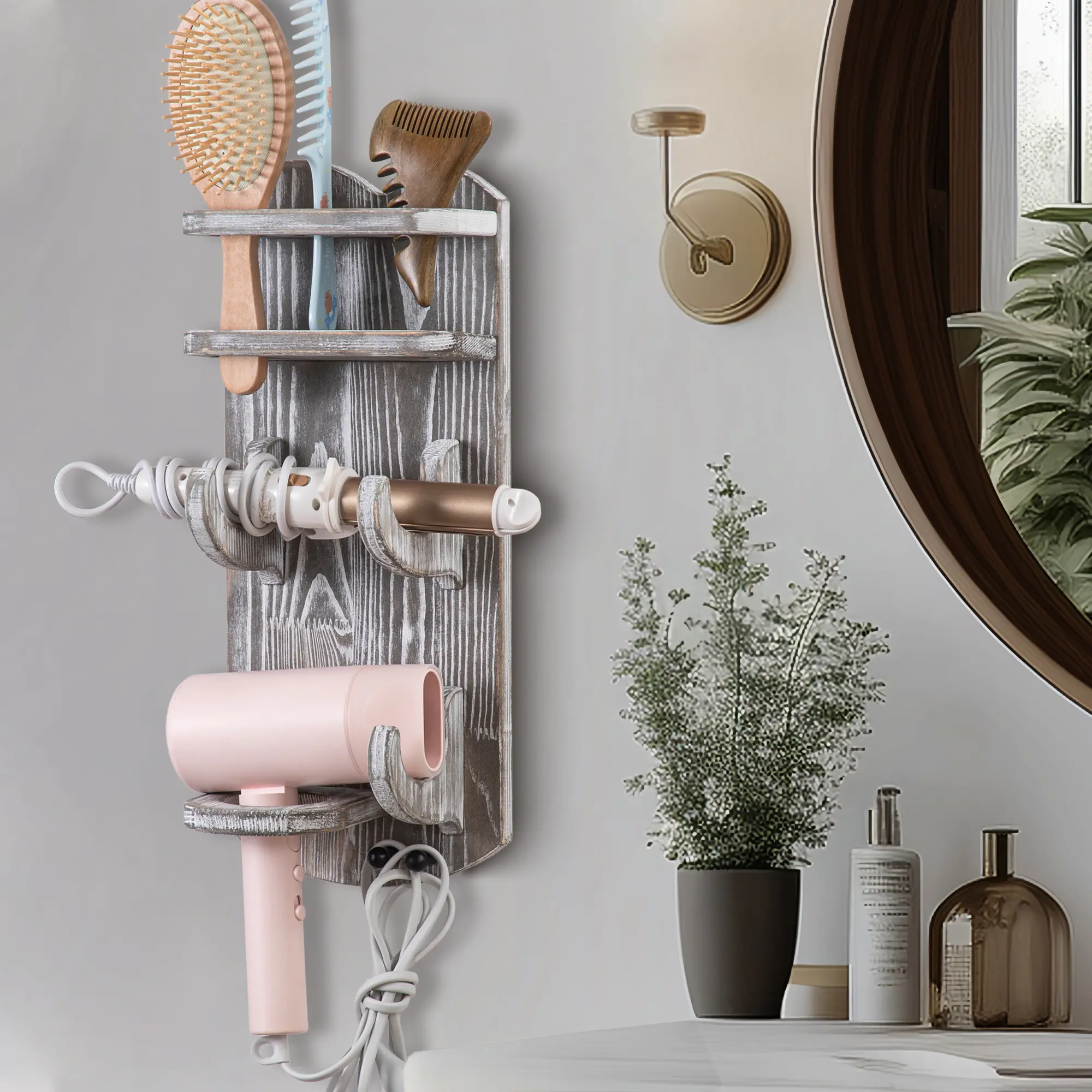 BEKITCHEN Hair Tool Organizer Wall Mounted - 6 in 1 Rustic Wood Hair Dryer Holder for Bathroom, Hair Styling Tools Organizer for Flat Iron, Rustic Gray