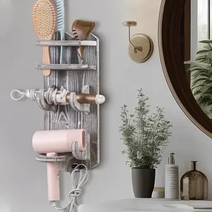 BEKITCHEN Hair Tool Organizer Wall Mounted - 6 in 1 Rustic Wood Hair Dryer Holder for Bathroom, Hair Styling Tools Organizer for Flat Iron, Rustic Gray