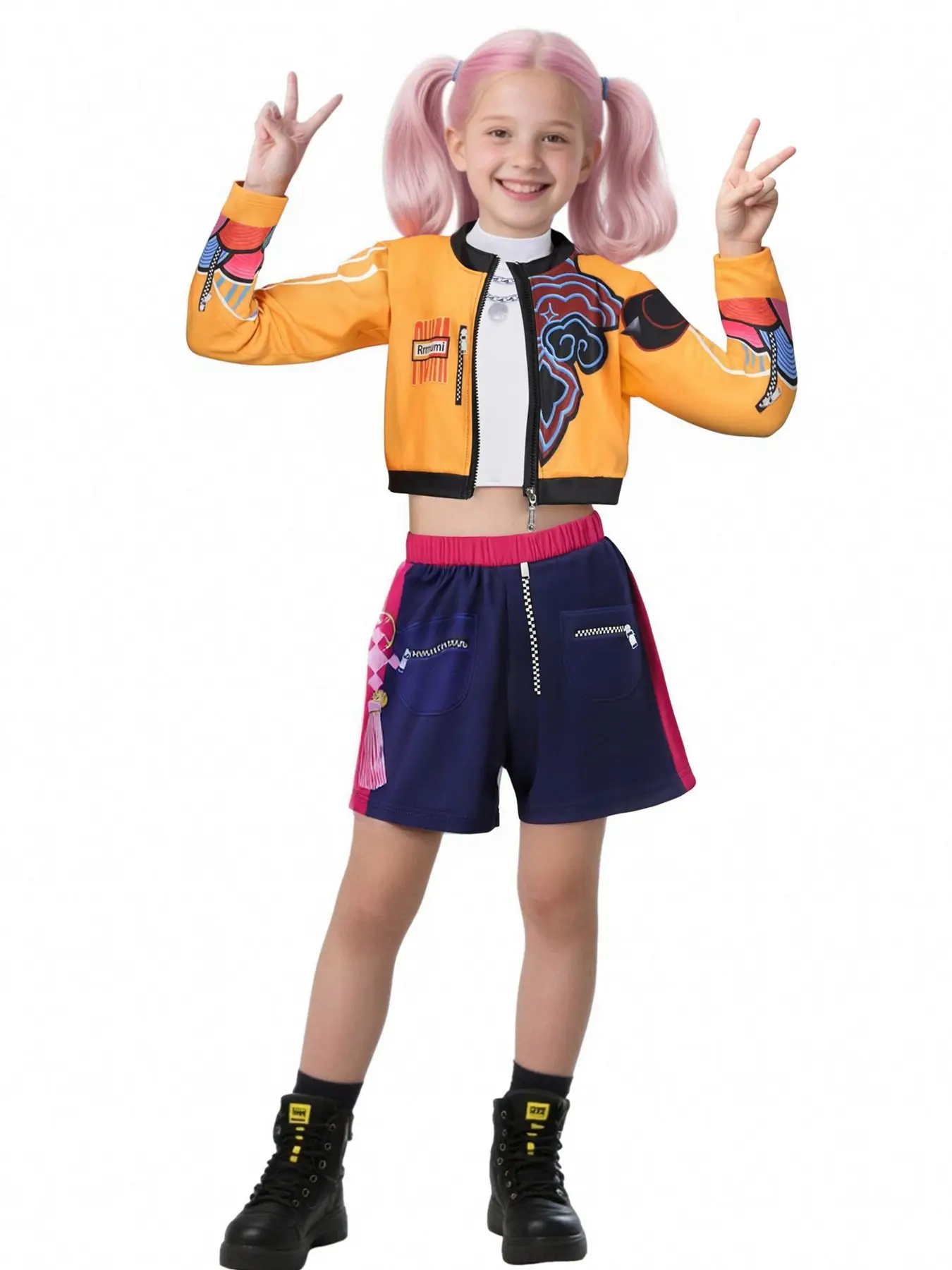 K-Pop Rumi Girls' Costume Set, Halloween Role Play, Character-Based Crop Top, All Seasons Fitted Kint Fabric, Moderate Thickness