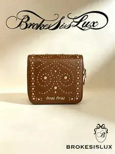 Pre-owned miu miu Brown Studded Leather Compact Wallet | Gold Hardware, Everyday & Casual Card Holder