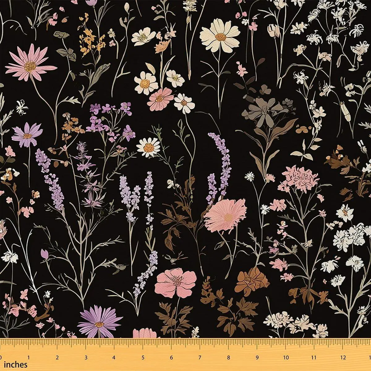 Pink and Black Wildflower Flannel Fabric Floral and Plants Upholstery Fabric Wild Floral Flowers Decors Vintage Botanical Floral DIY Art