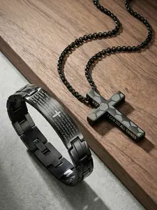 Stainless Steel Geometric Sanskrit Cross Men's Bracelet, 4:13 Cross Engraved Scripture Personalized Necklace # Jewelry / Stainless Steel / Colorfast / Hypoallergenic / Couple / Festival / Party / Ideal Gift