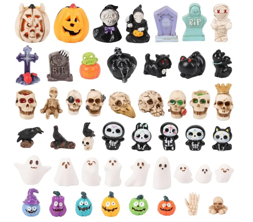 48pcs Halloween Mini Resin Miniature Figurines for Crafts, Small Fairy Garden Figures to Hide Tiny Pumpkin Ghost Skull Village Collections for Holiday Party Favor Indoor Table Dollhouse Decor