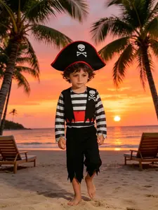 Boys' 2-Piece Performance Set, Striped Onesie + Skull Hat, Irregular Hem, Halloween Party Costume, Pirate Theme