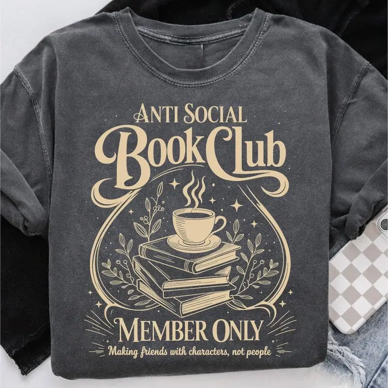 Women's Fitted Casual Graphic T-Shirt - Anti Social Book Club Cotton Short-Sleeve Round Neck Top, Bookish Character Gift for Book Lovers, Bookish Librarian Book Lover Gift, Bookish Character Women's T-Shirts