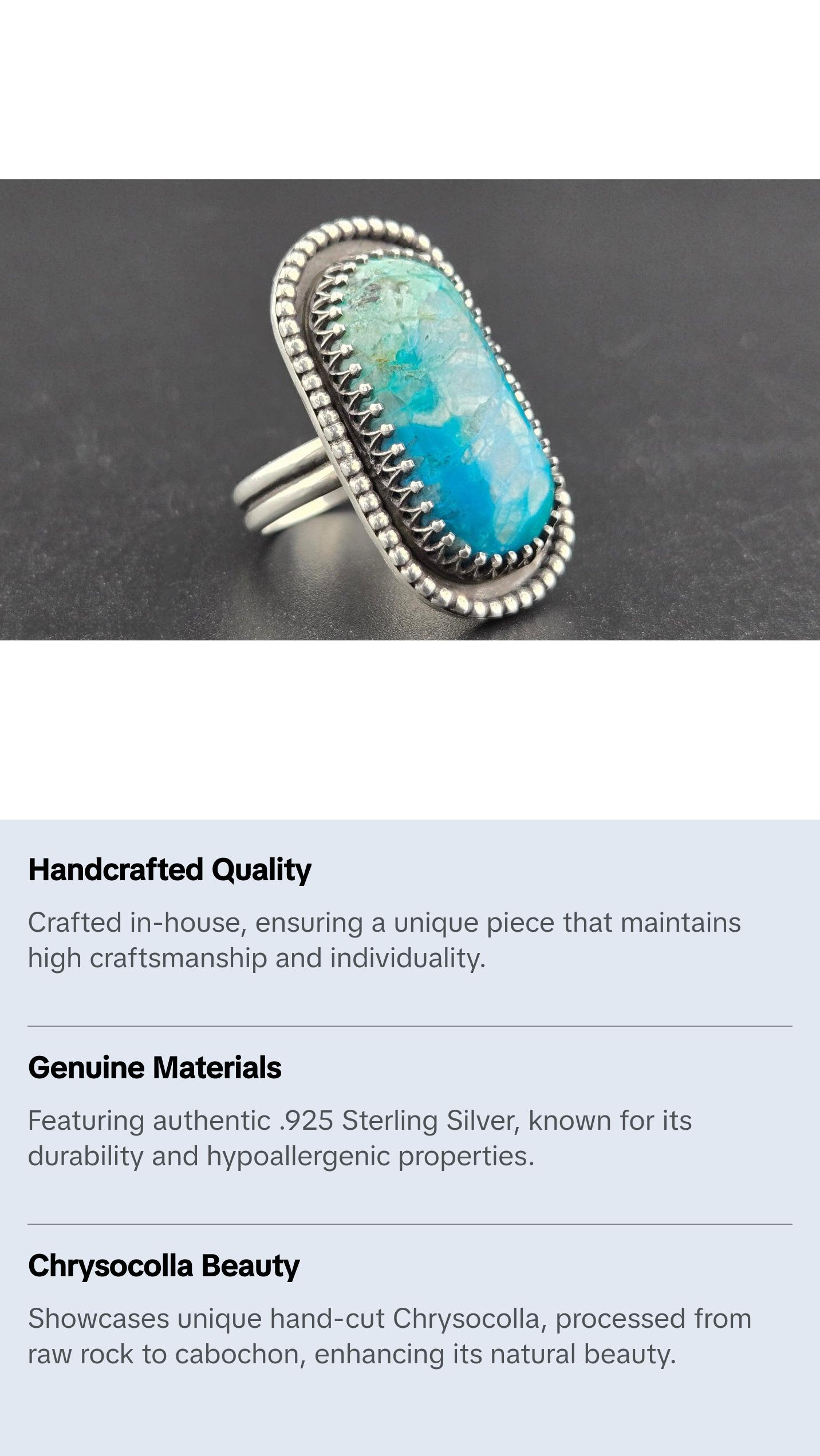 Hand Cut .925 Chrysocolla Ring Size 8.5