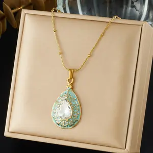 French vintage blue oil-drip carved water drop necklace, light luxury style, diamond-embellished, gold-plated stainless steel collarbone chain, women's unique and trendy accessory