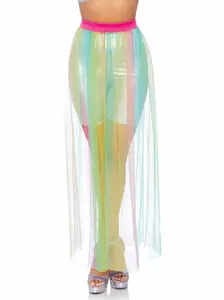 Women's Sexy Fit Elastic Stretchy Multi-Slit Sheer Full-Length Maxi Skirt Bottom - Halloween Festival Costume, Rainbow Spandex Bodysuit-Inspired Design, Premium Fabric