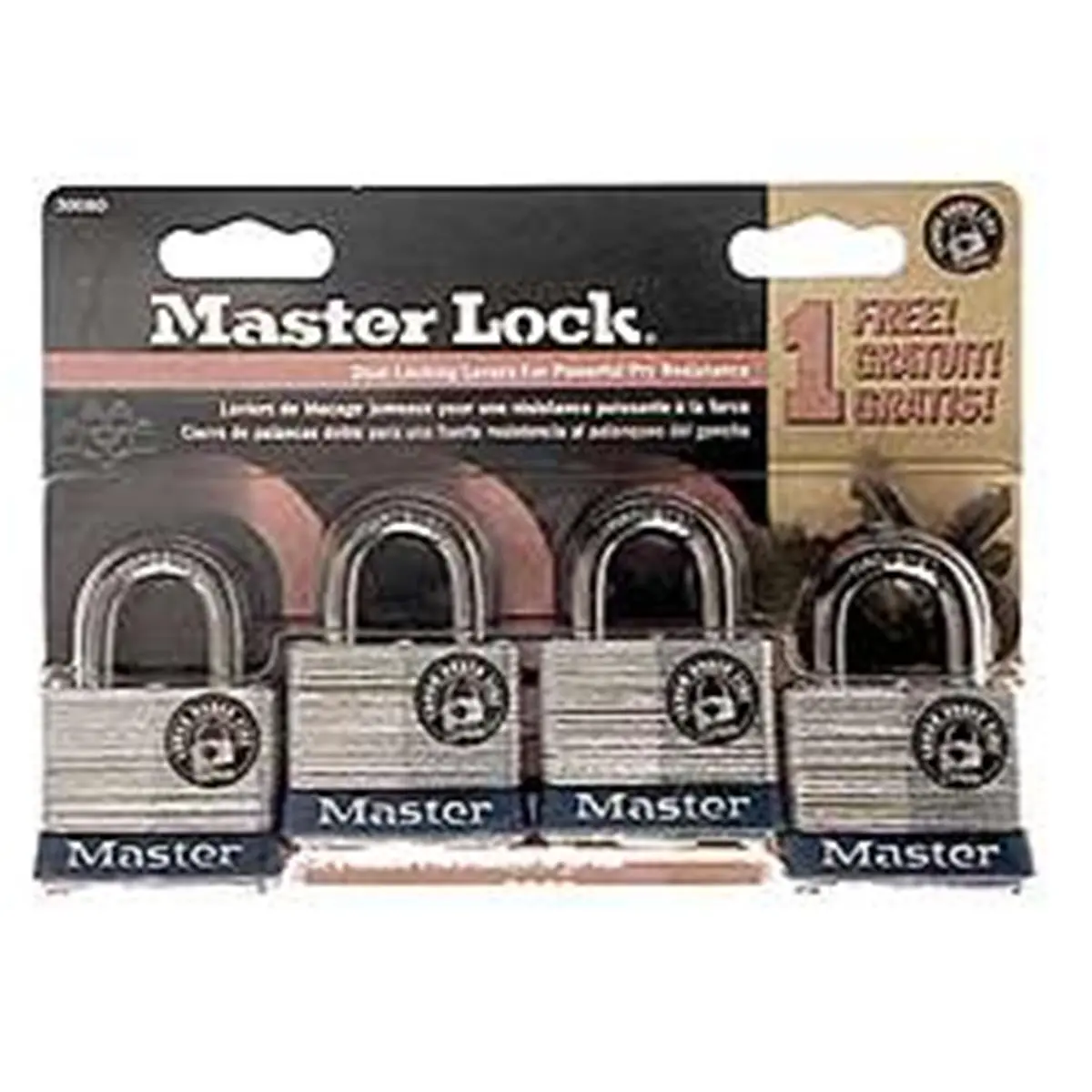 Master Lock No. 3 Brass Body Keyed Padlock 4-Pack (4 per Card), 3008D Model, 1.18in Length, 9/32in Diameter, 1.18x5.56x7.5in Dimensions, Exclusive Dual Steel Levers for Motorcycle Security