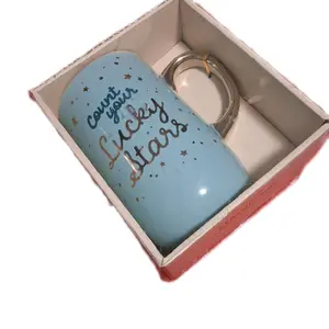 Ceramic Mug - Light Blue Stylish Beverage Mug with "Count Your Lucky Stars" Design, Gold Accents, Reusable Washable Kitchenware Drinkware, Ideal for Birthday Gift Ideas, Cup, Reuse, Aesthetic, Birthday Print Mugs