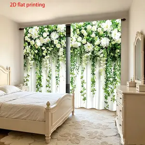 2-piece set of green wicker and white floral printed curtains, Window Curtain, made of semi transparent polyester fiber, with pole bag design, machine washable, suitable for bedroom, living room, dining room decoration