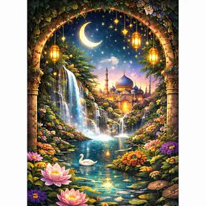 5D Full Drill Diamond Painting Kit - Enchanted Arabian Nights Fantasy Palace, Lush Waterfalls & Glowing Floral River Scene, Mystical Exotic Oriental Art Style, Round Acrylic Diamonds, Fairy Tale Themed DIY Art for Home Wall Decor