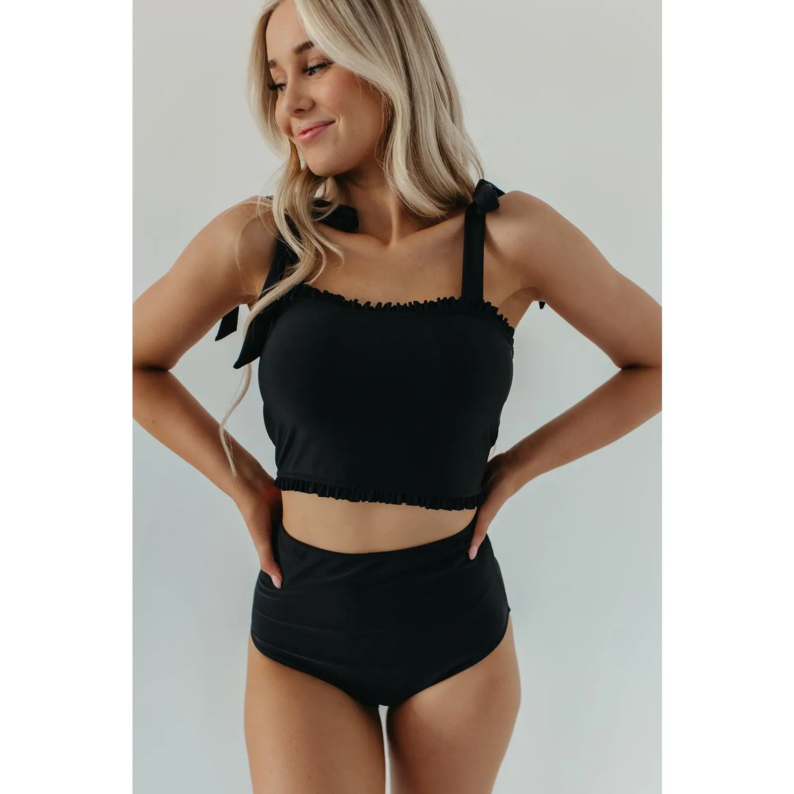 RUFFLE TIE STRAP MIDKINI SWIM TOP IN BLACK BY PINK DESERT