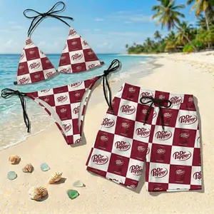 Dr Pepper Bikini and Beach Shorts Set, Fun Summer Swimsuit for Couples, Bold Logo Print, Vacation Swimwear Gift