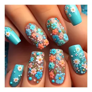 24PCS Short Almond Spring Press-On Nails Kit– Medium Square French Tip Fake Nails with Mixed Color Floral Design, Full Cover Gel False Nails for Women, Spring Summer DIY Manicure Kit