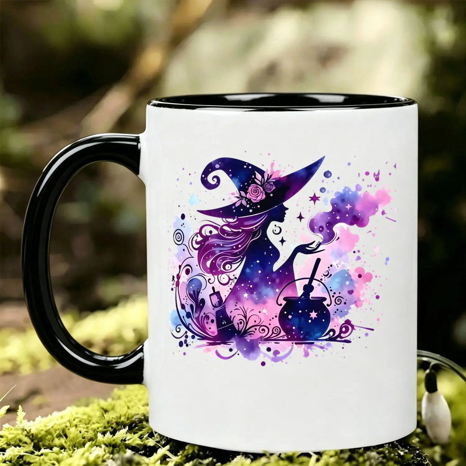 Showcases a Watercolor Witch with a Cauldron Complete with Swirling Smoke And Star Details Evoking a Dreamy And Enchanting Artistic Atmosphere Ideal for Those Who Love Halloween and Whimsical Magical Art Ceramic Mugs Drinkware Collection