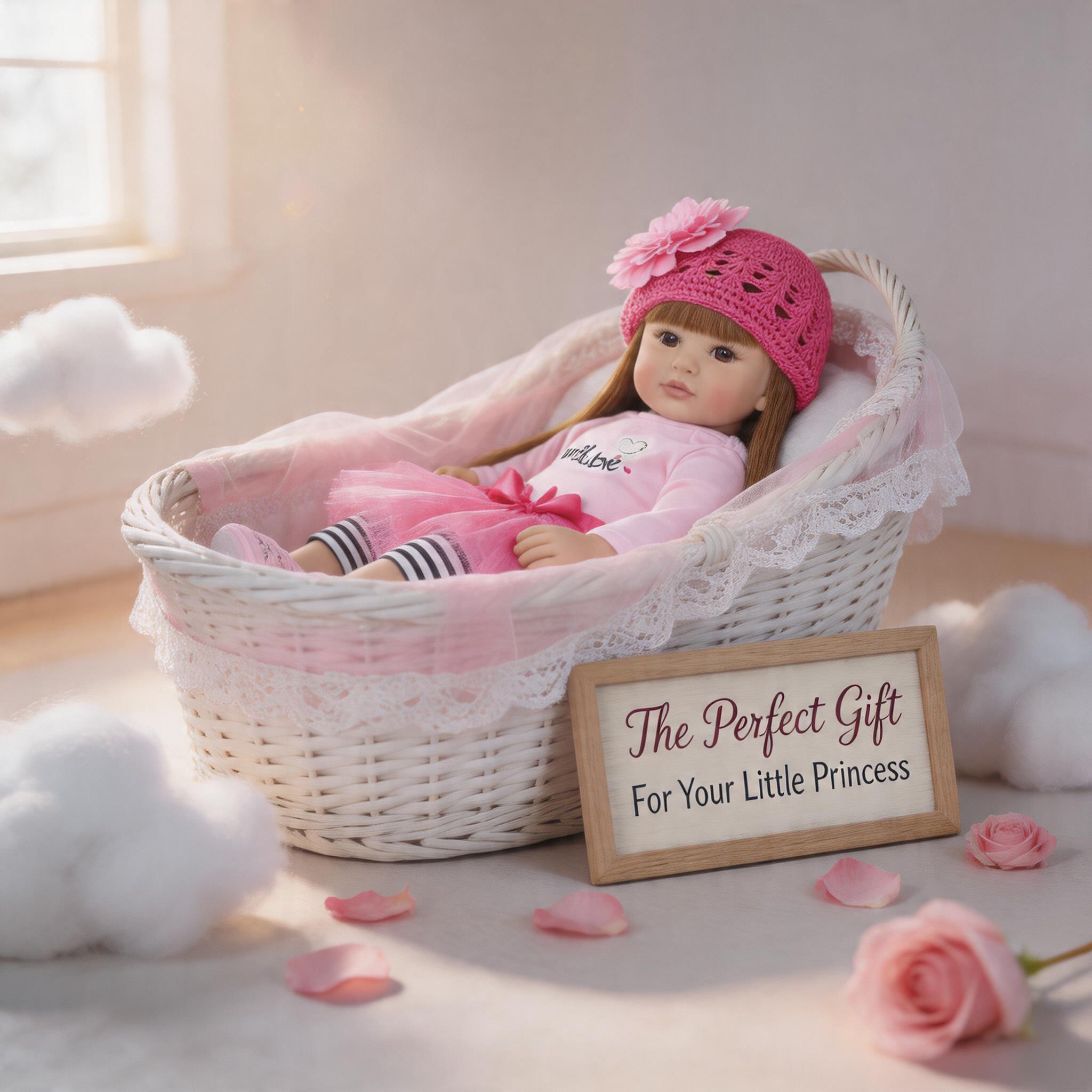 22-Inch (55 cm) Reborn Doll — Featuring Beautiful Large Eyes, a Pink Dress, and a Matching Hat. An Ideal Companion Doll, Perfect for Holiday or Birthday Gifts.