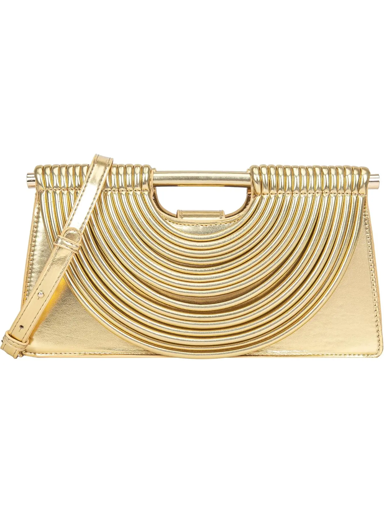 Metallic Gold Ribbed Top Handle Clutch Bag with Detachable Crossbody Strap, Women's Fashion Evening Purse, Elegant Structured Handbag for Parties, Weddings, Cocktails and Formal Events