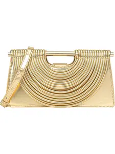 Metallic Gold Ribbed Top Handle Clutch Bag with Detachable Crossbody Strap, Women's Fashion Evening Purse, Elegant Structured Handbag for Parties, Weddings, Cocktails and Formal Events