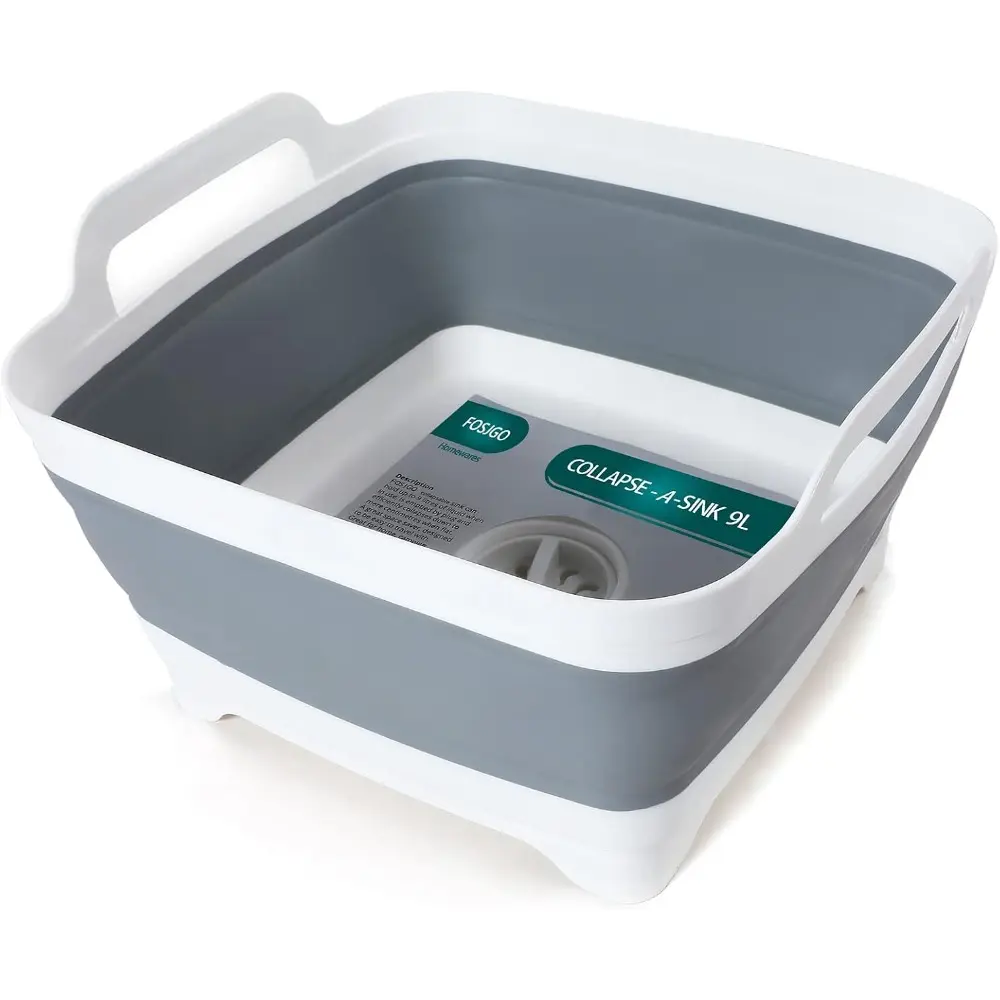 9L Collapsible Dish Basin with Drain Plug-Space Saving Multiuse Foldable Sink Tub for Camping, Kitchen Sink, Dishpan, Plastic Tub for Vegetable Washing, Beverage Tubs