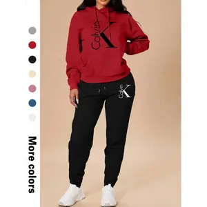 Women’s casual hooded sweatshirt set for spring/fall, long-sleeve letter-print top + pants, fitted sportswear with pockets, sweatsuit outfit