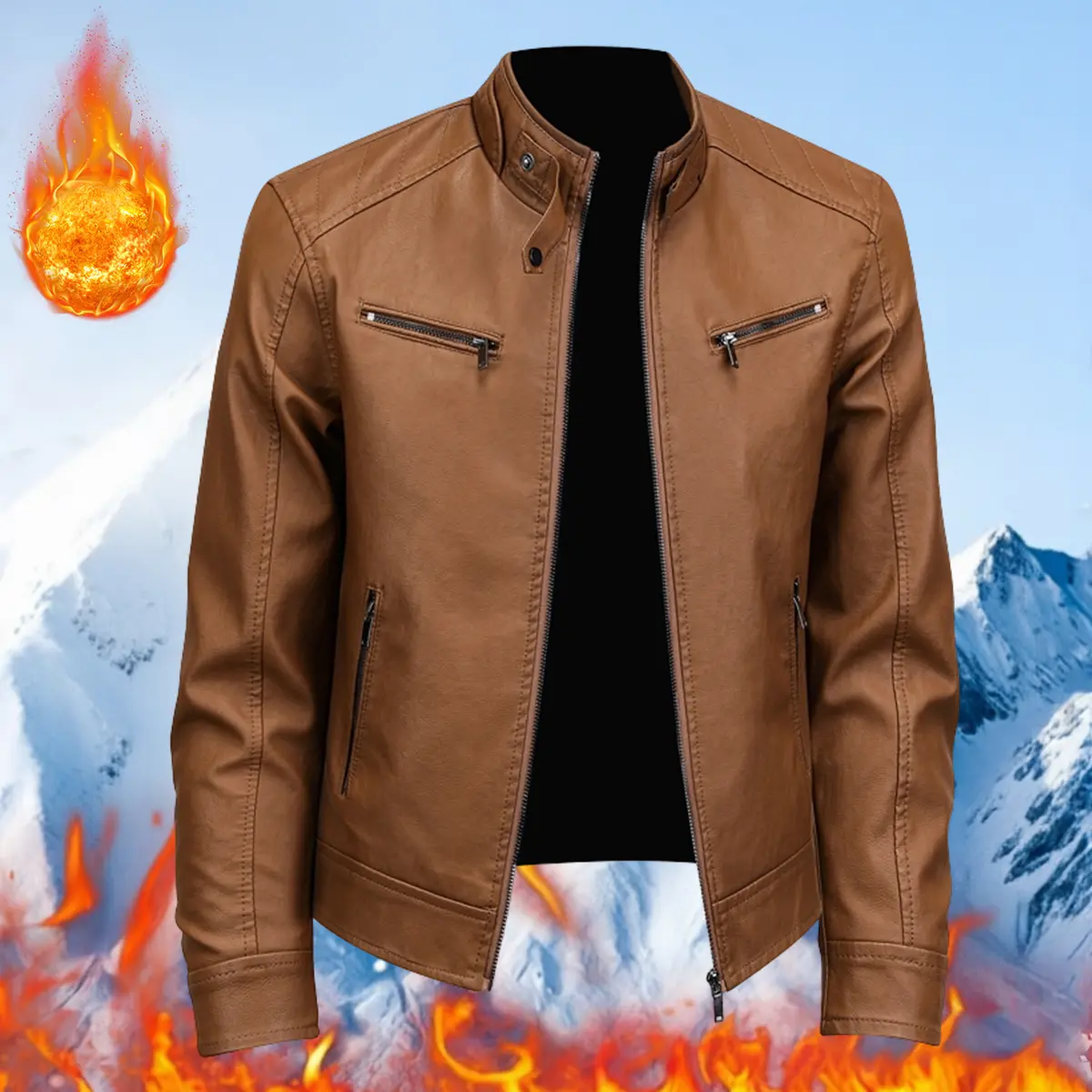 Men's Plain Casual Faux Leather Stand-Collar Coat - 50% Polyester 50% Cotton Blend, Fleece Lined, Slim Fit, Solid Brown, Multifunctional Zippered Pockets for Keys Phones, Well-Crafted Stitching