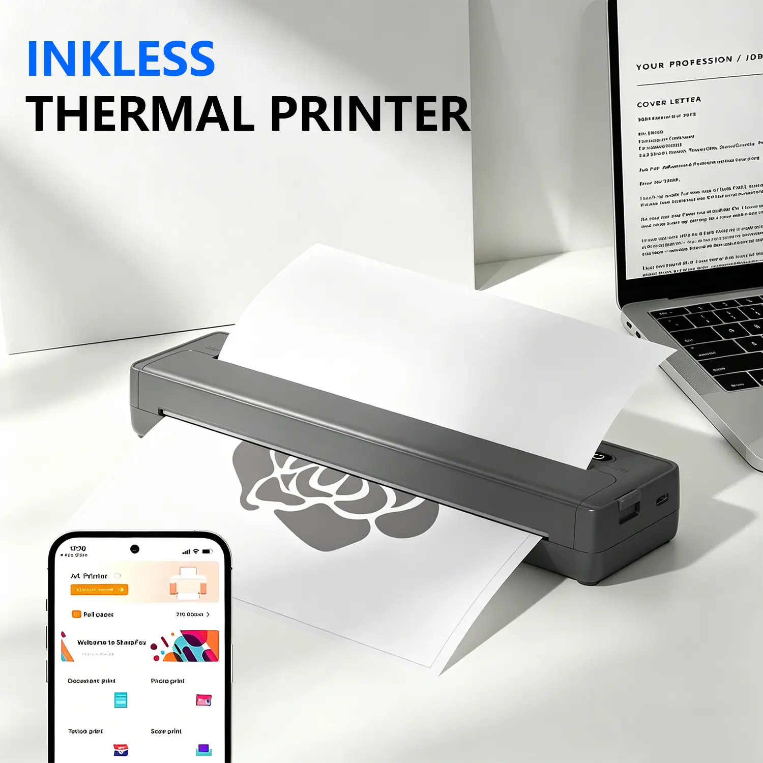 Includes 100 Sheets A4 Paper, Inkless Portable Printer, Wireless Bluetooth Thermal Printer for Travel & Office, Compatible with iOS, Supports 8.5"x11" US Letter & A4 Paper, Compact Thermal Printing