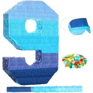 Number 1 2 3 4 5 6 7 8 9 Piñata with Stick Blindfold Confetti, Gradient Blue Piñata for Kids Boys Girls Birthday Party Anniversary Decorations Supplies(Number 9)