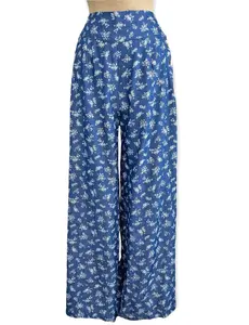 Denim Blue & Floral Printed Chambray High Waist Palazzo Pants
