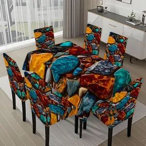 5/7-piece 2D Flat Printing Colorful Pebble Mosaic Printing Pattern Tablecloth and Chair Cover Set, for dining table and chair decoration, perfect for home, holiday gatherings, restaurants, and parties.