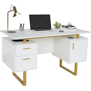 Mobili Storage Drawers and Cabinet 51.25” W-Modern Office Large Floating Desktop Surface Desk, 23.6" D x 51.2" W x 29.8" H, White/Gold
