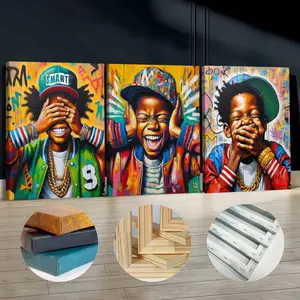 3Pcs Wooden Framed Canvas Painting, Hip Hop Kids Graffiti Art, Exquisite Poster, Home Decoration, Pattern Wall Art Decor, For Living Room, Bedroom, Office, Restaurant, Bar Wall Decor, Odorless, Painting, Print Artwork.