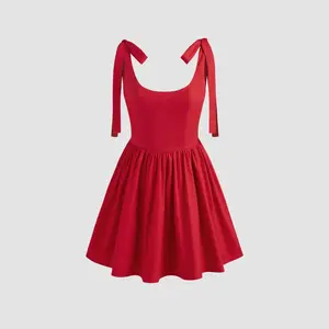 Cider [2 colors, size 0-10] 100% Cotton Scoop Neckline Solid Knotted Ruffle Mini Dress