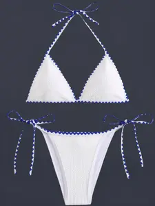 White Texture Triangle Bikini Set with Blue Scalloped Trim