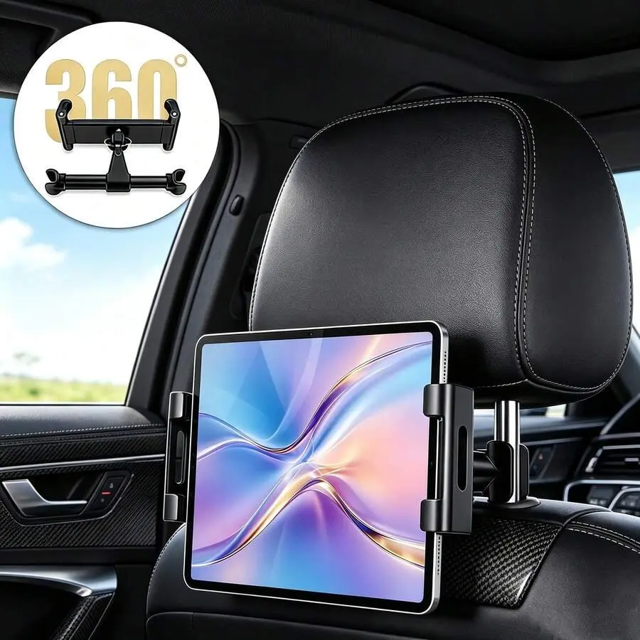Car Headrest Tablet Holder, 360° Rotatable Adjustable Back Seat Tablet Mount, Universal Car Rear Headrest Stand for iPad, Tablet, iPhone Duo 18 17 16, Samsung, Android Phone, Fit Sedan SUV Truck, Road Trip Entertainment for Kids
