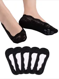 Women's Lace No Show Socks, Low Cut Non-Slip Design, Perfect for Flats & Pumps, Comfortable Boat Liners, Pack of 5
