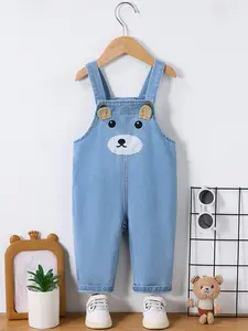 Infant Boys 3 Months‑3 Years Soft Denim Overalls Pants, Cute Bear Embroidery, Adjustable Buckle Straps & Straight Leg, Comfortable Casual Jumpsuit