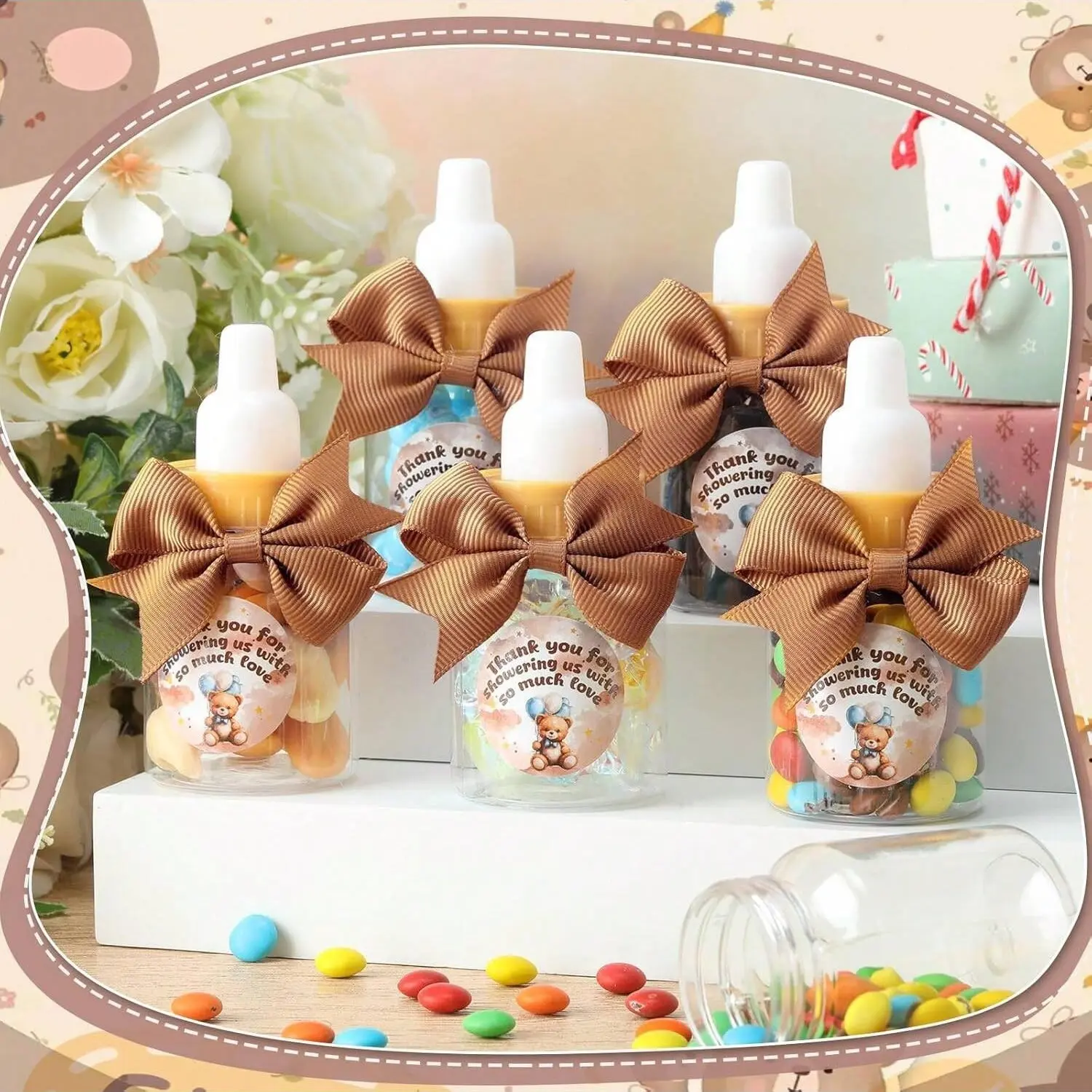 Mini Baby Bottles Set, Plastic Milk Bottles with Thank You Stickers & Bows, Perfect for Baby Shower Gifts & Party Decorations, Party Favors Assortment, Party Gift Packs, Party Supplies