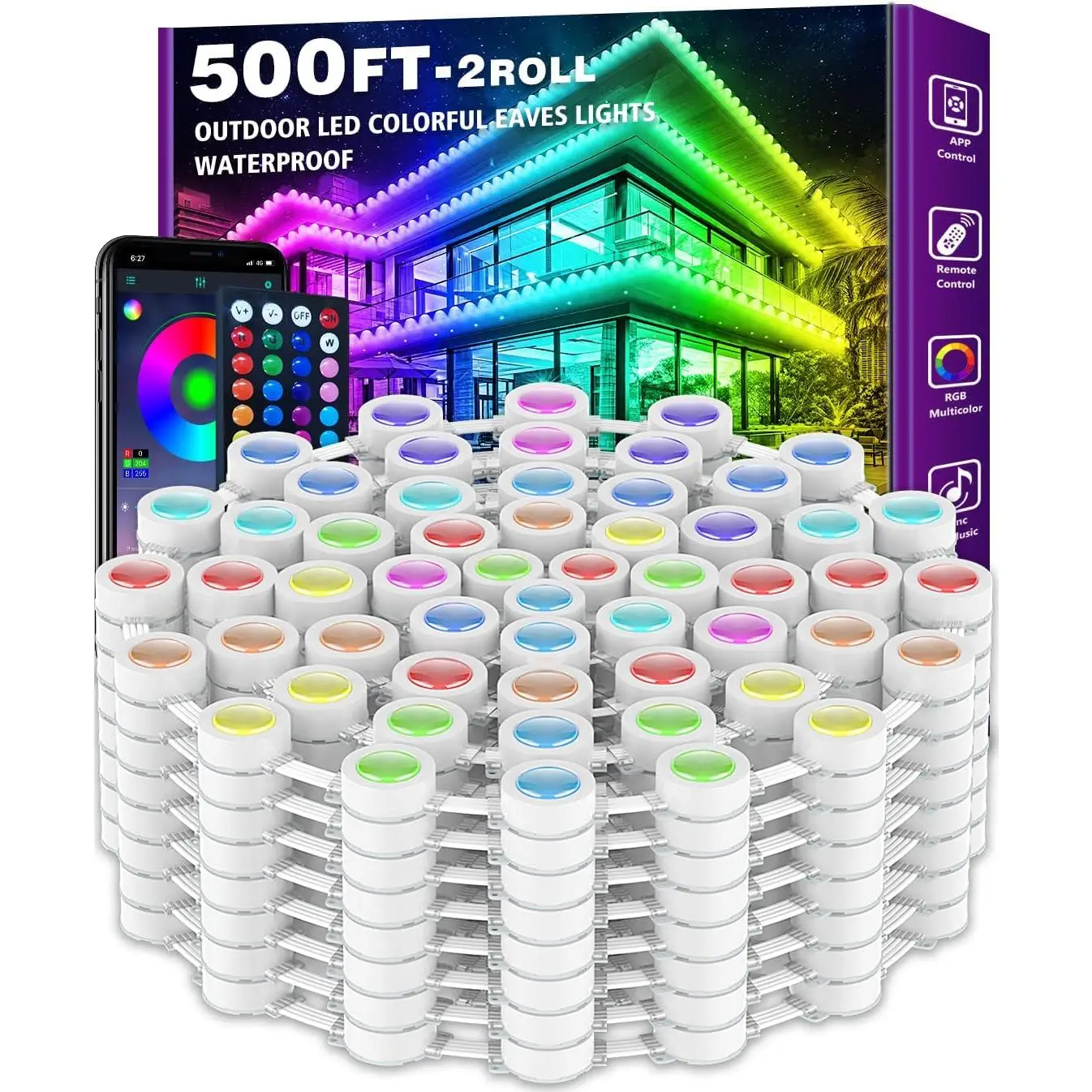 500 Feet Permanent Outdoor Light, RGB Eaves Light, Comes with App Control Remote, DIY Scene Mode IP67 Waterproof Eaves Lighting, Outdoor Decorative Li