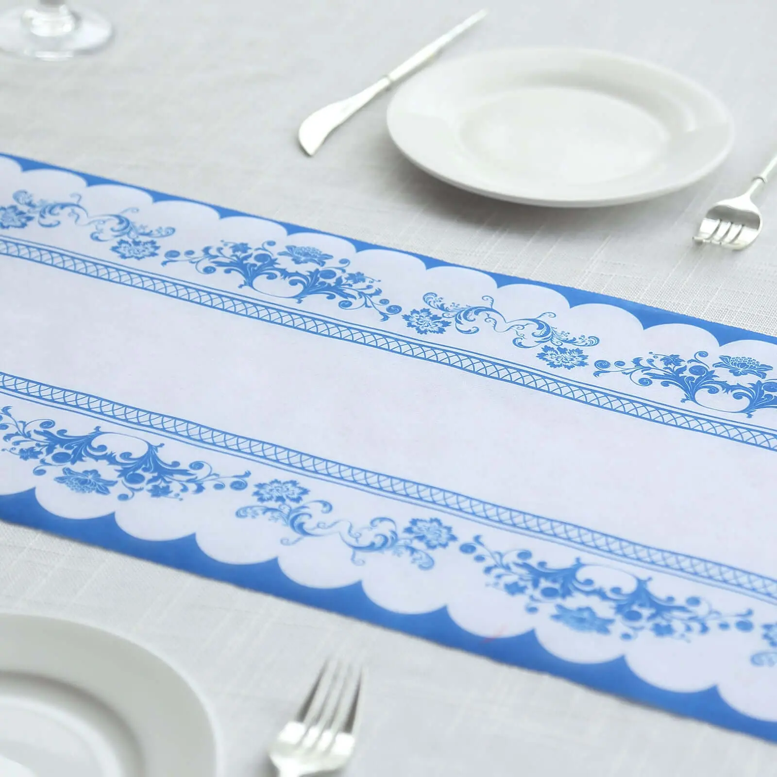 5 Pack Disposable Table Runners 11"x108" White with Blue Ornate Floral Prints - Non-woven Stylish Kitchen Dining Table Decor