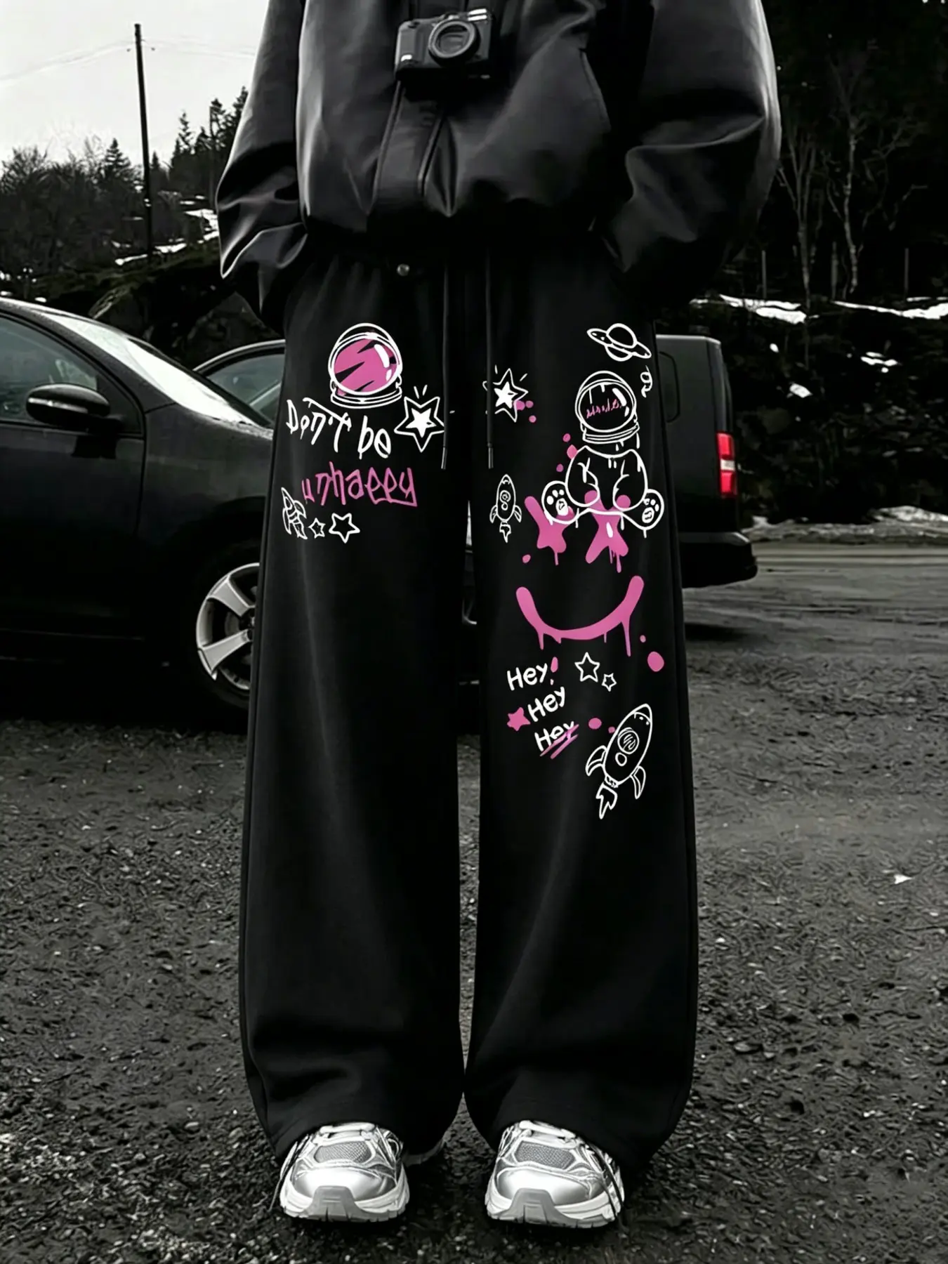 2026 New Y2K Street Style Wide Leg Pants, Sporty Fabric, Astronaut Planet Rocket Print, Elastic Waist Drawstring, Comfortable Fit