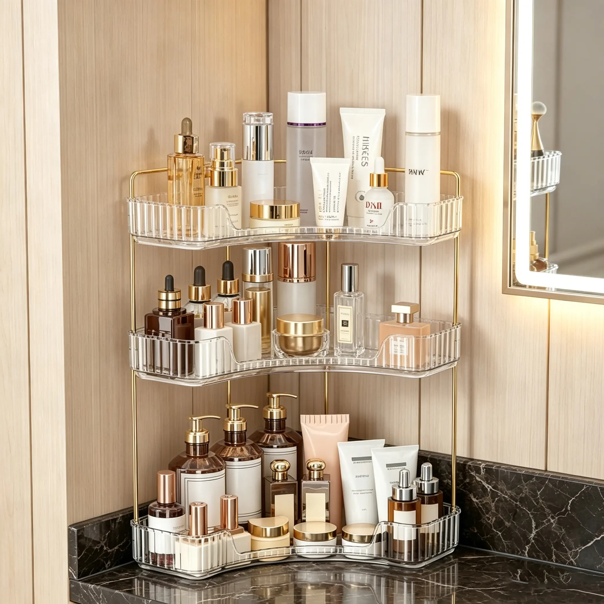 3 Tier Corner Countertop Organizer, Vanity Makeup Storage Rack for Skincare Perfume, Space Saving Bathroom Dresser Kitchen Organizer Gift for Women,BackToSchool
