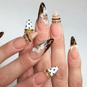 24pcs Long Almond Press-On Nails, Polka Dot 3D Flower Rhinestone Gold Pearl Design, Reusable French Tip False Nails Set