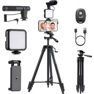 Vlogging Kit for iPhone Android, 53" Phone Tripod with Microphone, LED Light, Wireless Remote, Vlogging Camera for  Starter