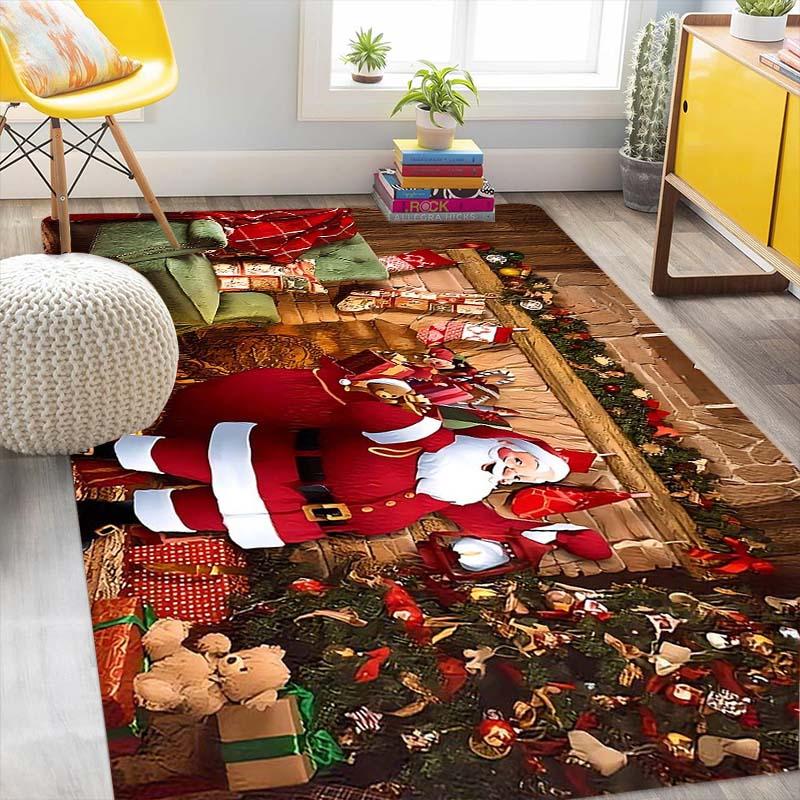 Rectangle Christmas Rug Christmas Santa Door Mat with Gift Bag Design, Non-Slip Kitchen Rug ...