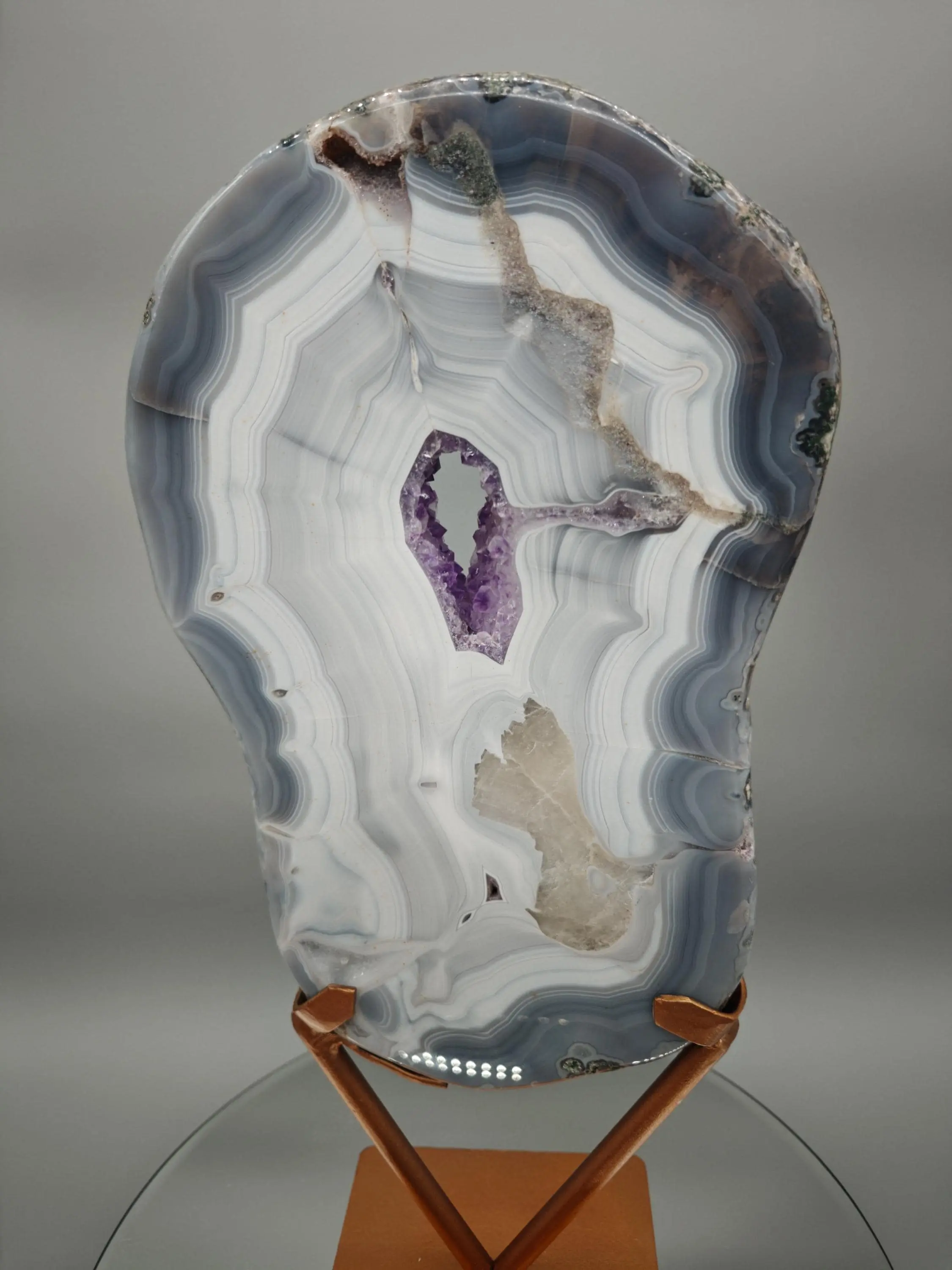 Fully Polished Druzy Amethyst with Blue Banded Agate & Calcite - Brazilian Crystal Display - 15.5in Statement Specimen - 7.33 lbs