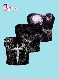 3-Pack Gothic Cross Print Tube Top, Retro Y2K Slim Fit Crop Vest, Halloween Party Stage Wear, All-Over Print Casual Clothing
