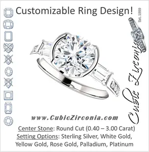 Cubic Zirconia Engagement Ring- The Naomi (Customizable Bezel-set Round Cut Design with Dual Baguettes & Pavé Band)