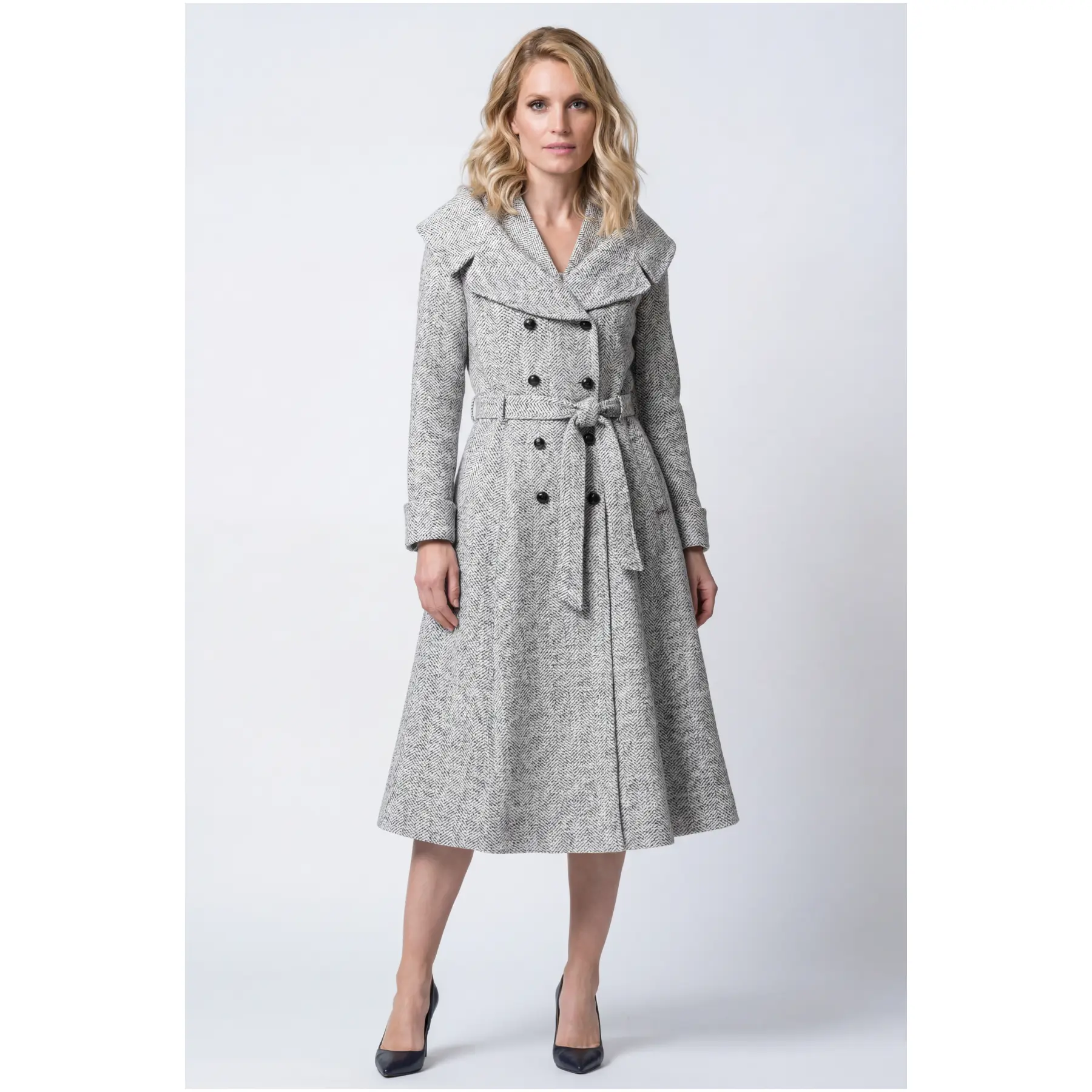 Gray Herringbone Wool Wrap Coat, Nicole